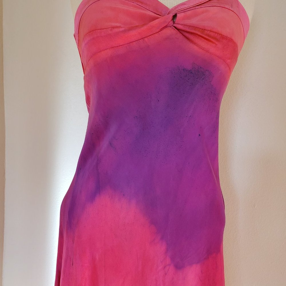 Painted Silk Short Dress 4 6 8 small medium bridesmaid party pink purple halter